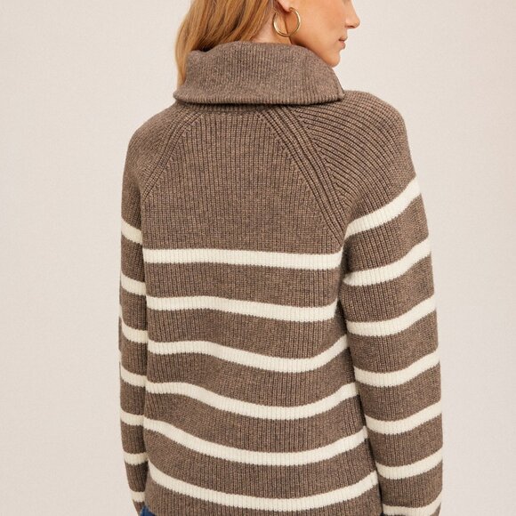 HEM & THREAD Brown White Striped Quarter Zip Sweater, Cozy Knit Pullover - Picture 3 of 6